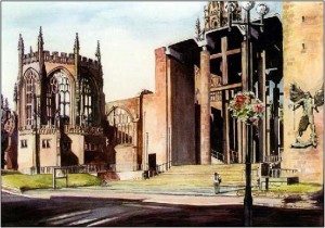 Jane Powell  Coventry Cathedral    Watercolour.