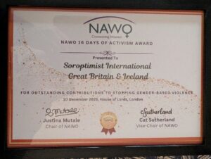 NAWO Certificate awarded to Soroptimist International Great Britain and Ireland for their 16 Days of Activism campaign.