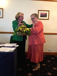 Outgoing President Barbara surprising retiring member Barbara with a gift from The Club in recognition of her work over many years.