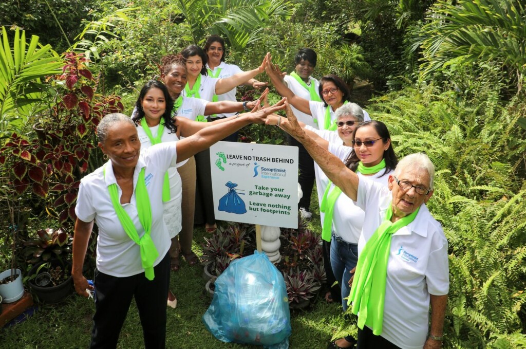 #SoroptimistDayofAction on July 16th was eventful! Members expanded the #LeaveNoTrashBehind project in Palmiste Park with additional signage and a mini cleanup. #TrashToTreasure for schools was launched, and the single use plastics collected were weighed for the new collaboration with the all-female Kernaham/Cascadoux Plastics Upcycling & Learning Centre.