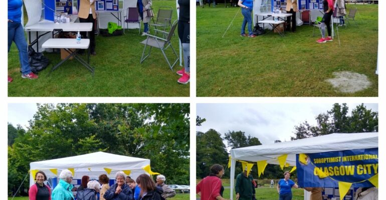 A collage of images showing a marquee with women and a Soroptimist International Glasgow City sign.