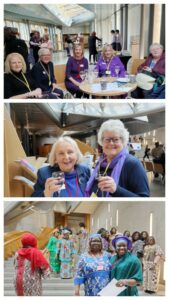 A photo collage of three images. One showing a group of women sitting around a table. One showing two women smiling and raising glasses. One showing a group of women on the steps of the Scottish Parliament.