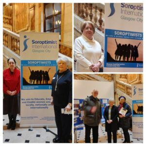 A collage of three photos. All show individuals posting with the Soroptimist International Glasgow City pull up banner in the Glasgow City Chambers.