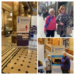 A collage of three photos. Two showing the Soroptimist International Glasgow City club's pull up banners at the Glasgow City Chambers. One featuring two Club members enjoying the Glasgow sunshine on a city street.