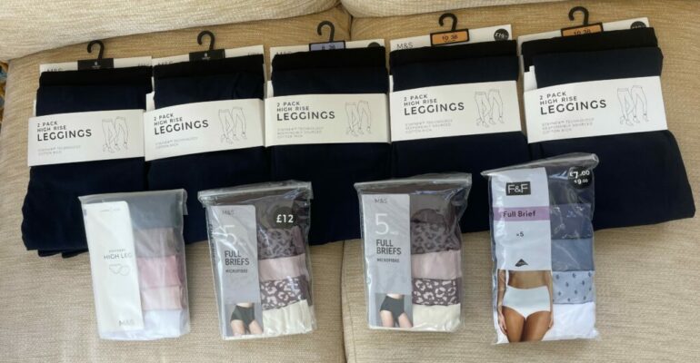 Stacks of women's leggings and underwear.