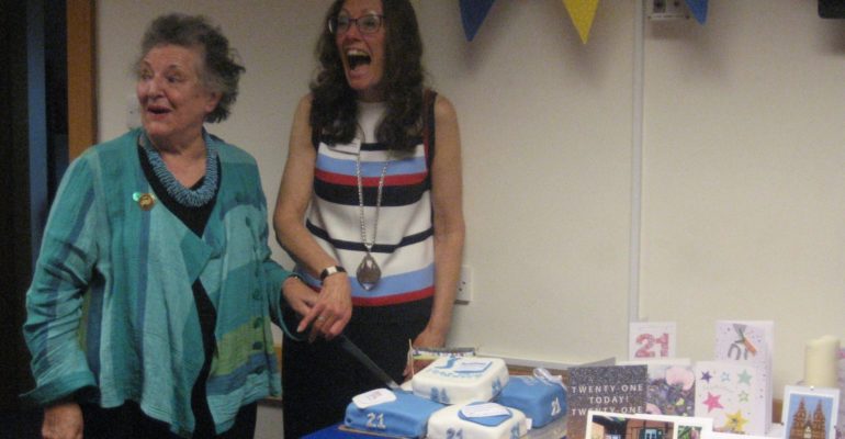 Founder President Angela with 2019-20 President Karen at our 21st Birthday partyh