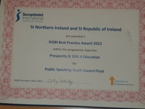 Certificate from SIGBI Conference 2023 to NI and ROI districts in category of Prosperity and Education for the Public Speaking Youth Award Final