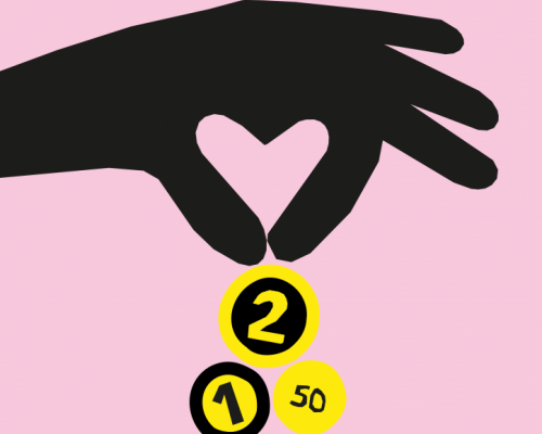 Pink background with black hand making heart shape dropping coins with words every little helps