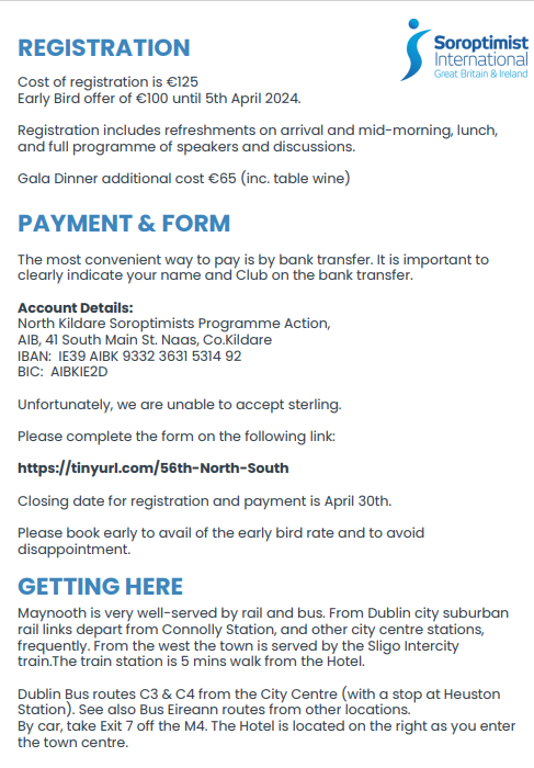 invitation to 56th North South Conference in GlenRoyal Hotel Mayo 11th May 2024. Conference Cost 125 Euro gala Dinner 65 euro visit https://tinyurl.com/56th-North-South