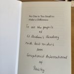 Inscription inside the cover of the book