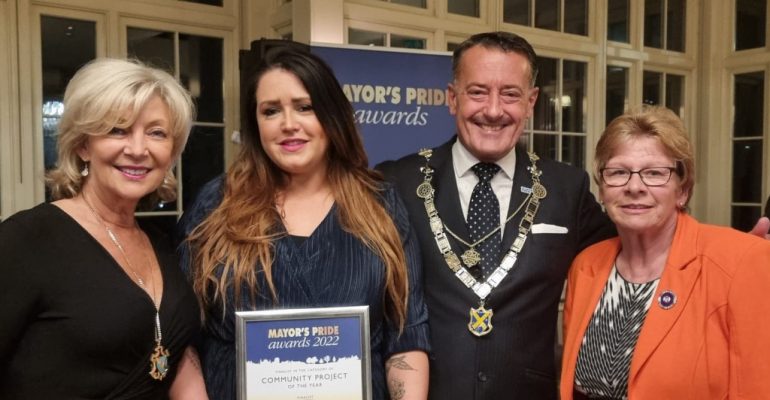 St Albans Mayors Pride 22 Mayoress and Mayor with Soroptimists Louise Marron, Barbara Saunders