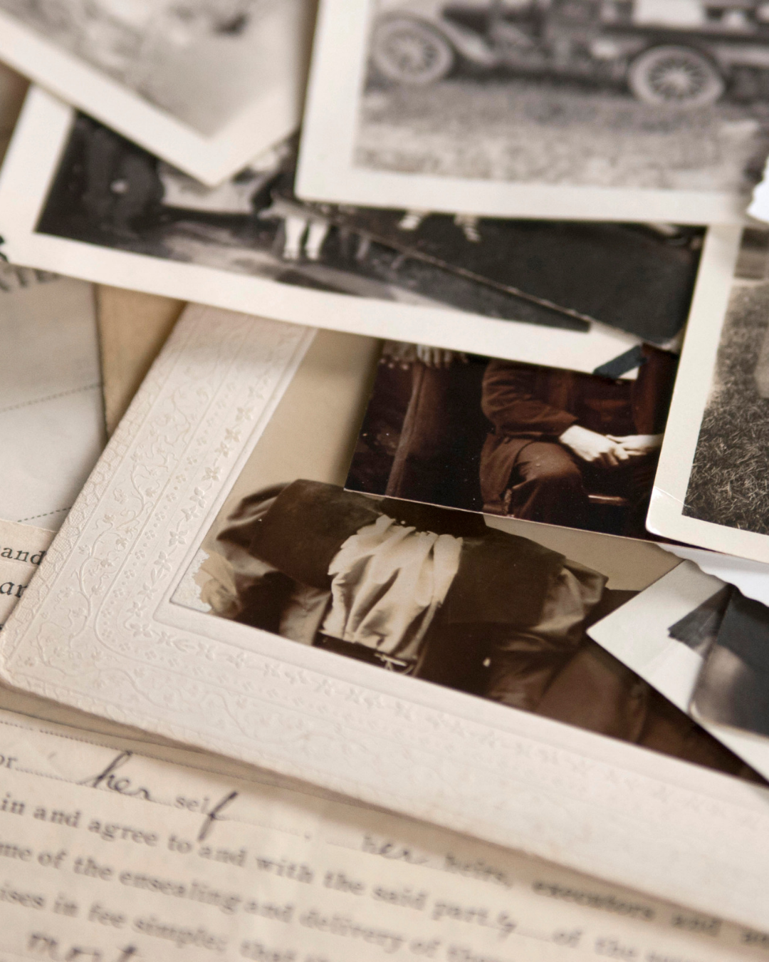 A stack of old photographs and documents.